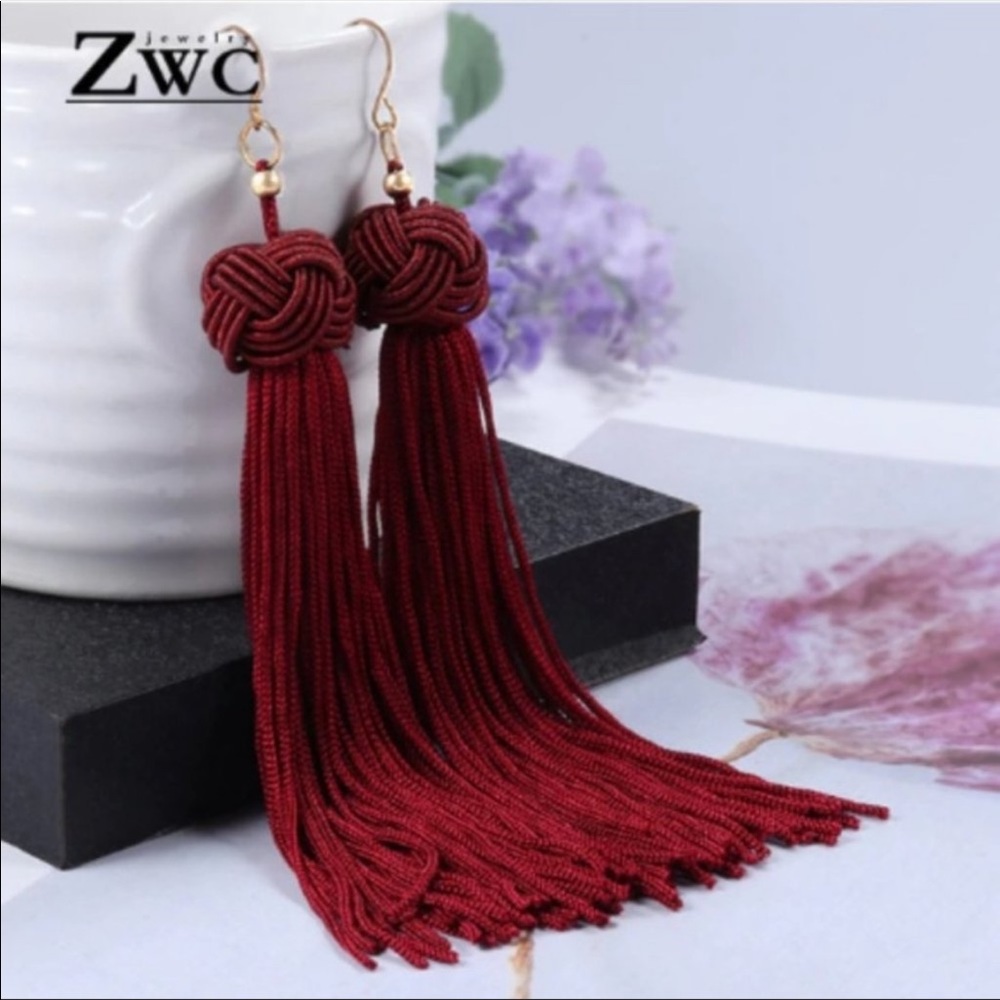 Long Red Knotted Tassel Earrings